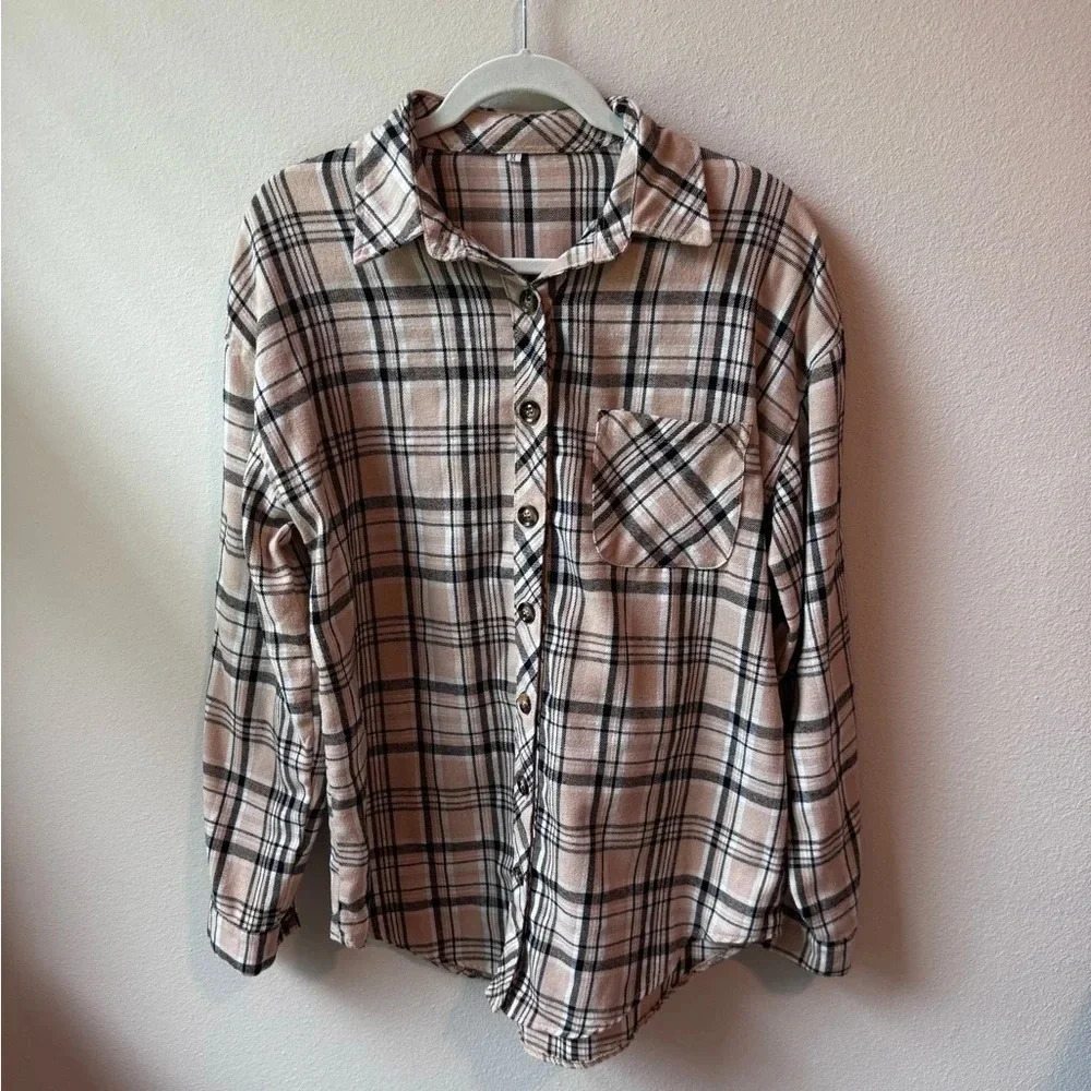 Women’s Plaid Button-Down Shirt - tan, black and white, size M